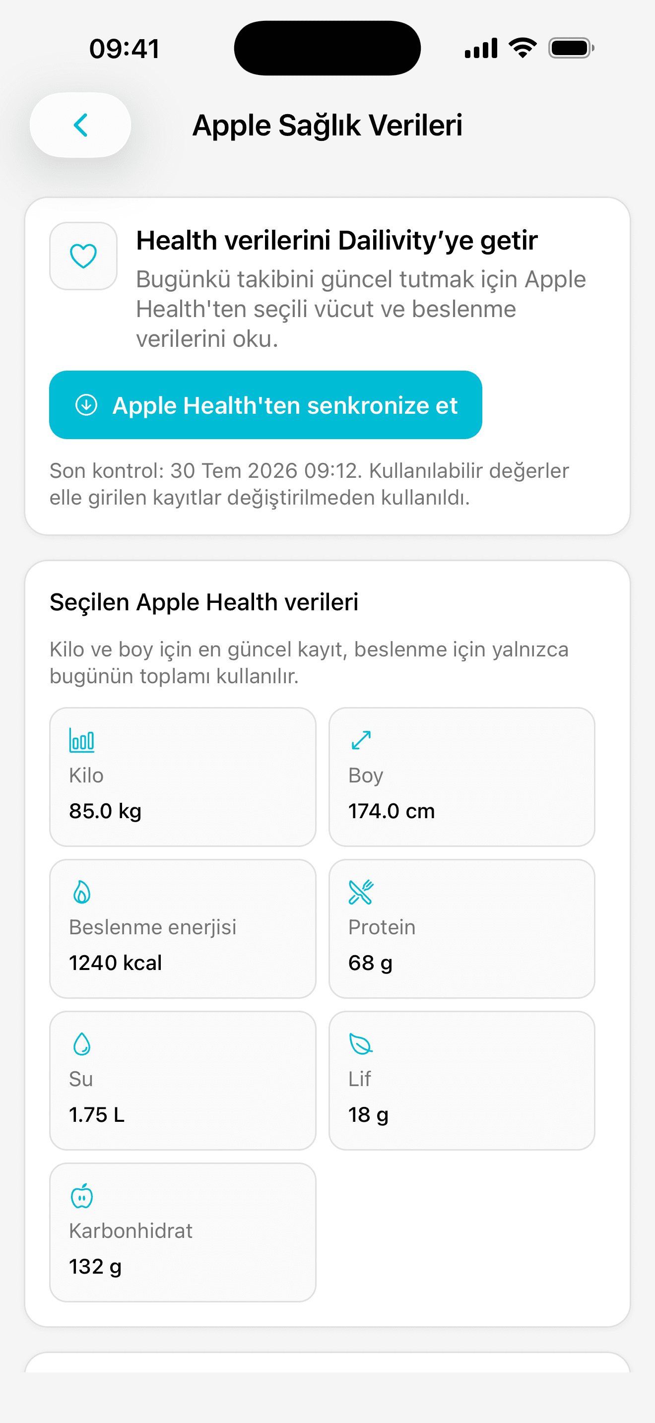 Dailivity uygulama ekranı: Apple Sağlık verilerini içe aktarma