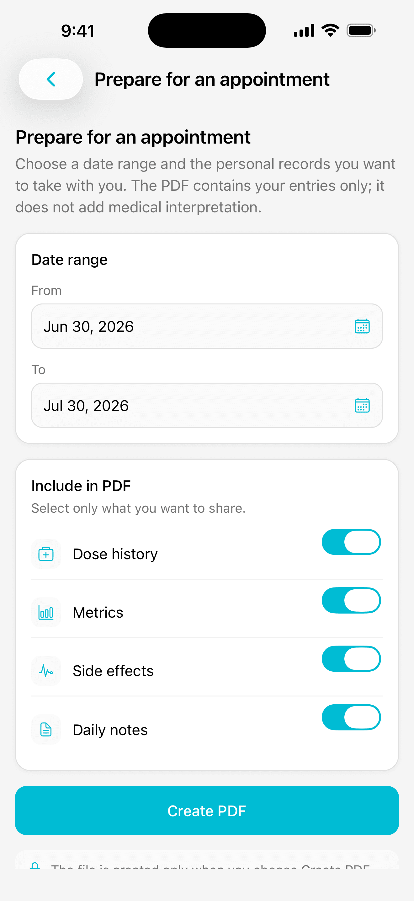 Dailivity app screen: preparing a PDF for an appointment