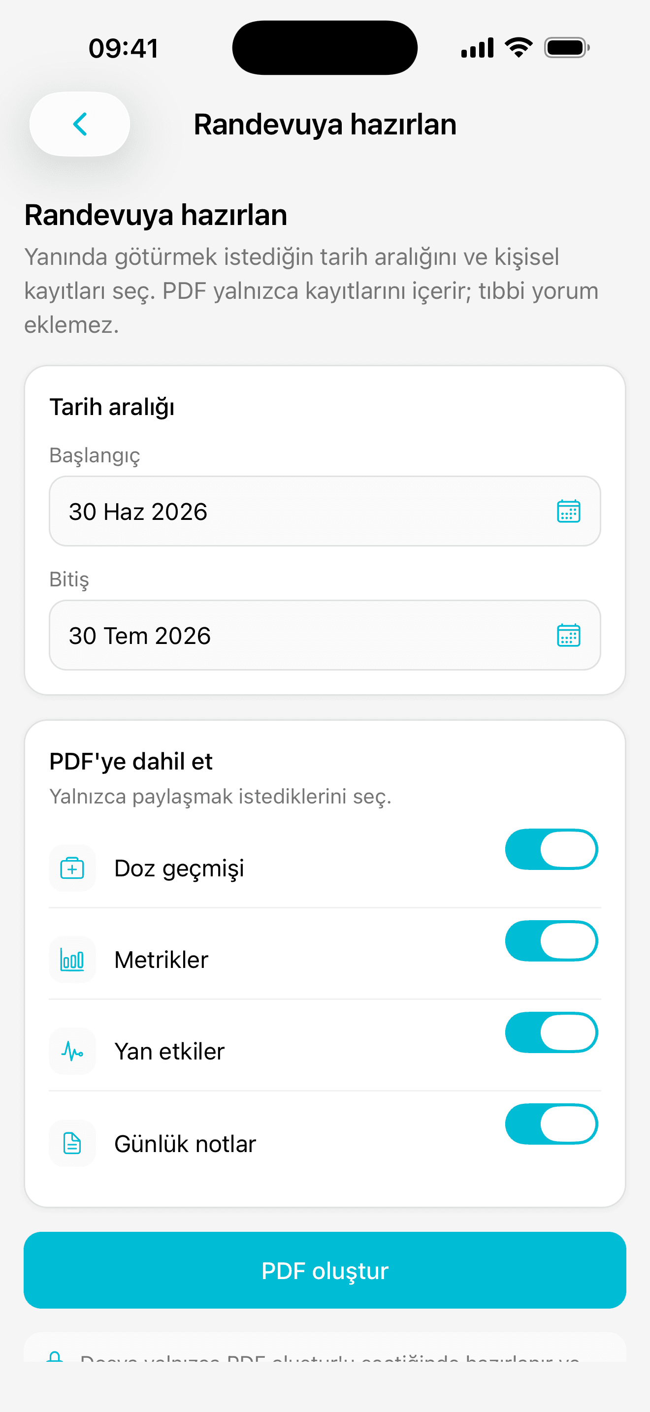 Dailivity uygulama ekranı: randevu için PDF hazırlama
