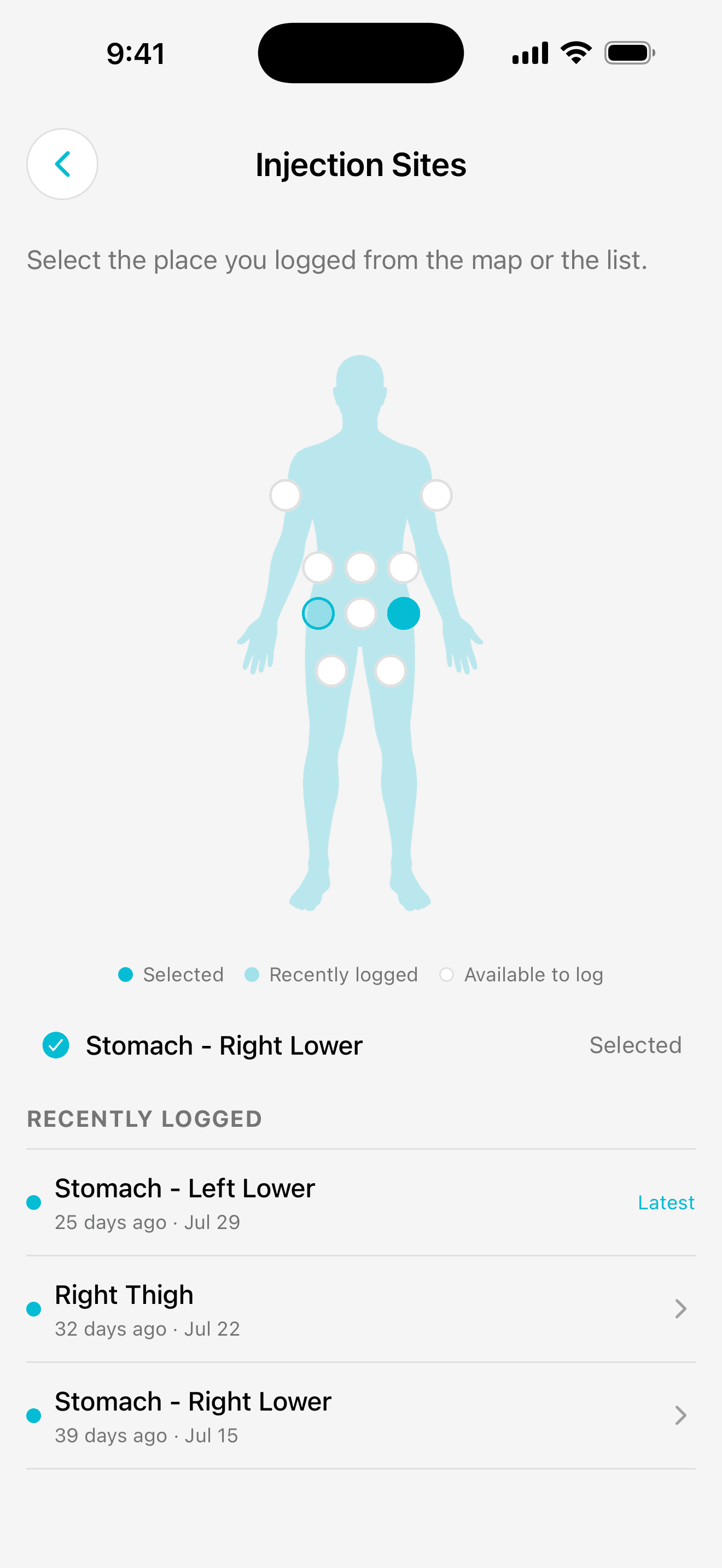 Dailivity app screen: injection site record