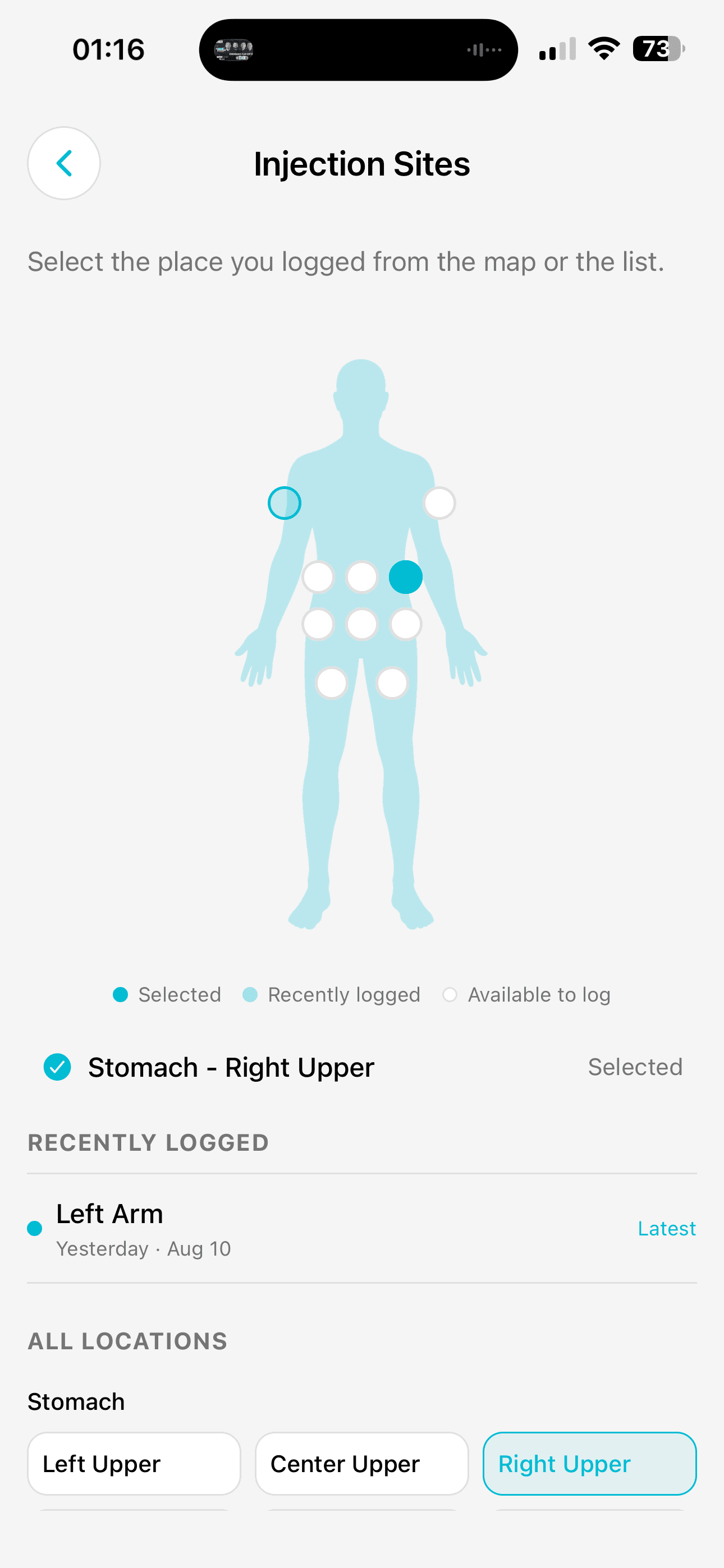 Dailivity app screen: injection site record