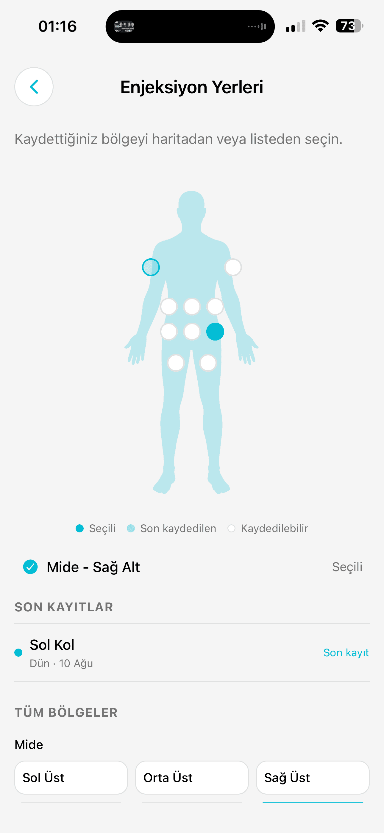 Dailivity uygulama ekranı: enjeksiyon bölgesi kaydı