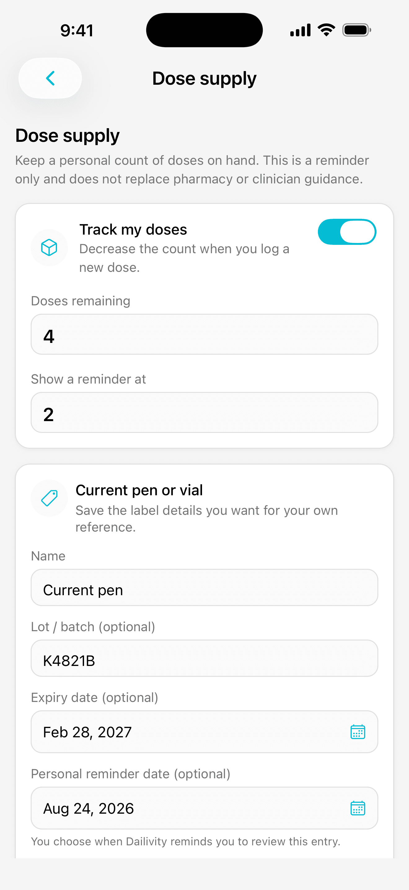 Dailivity app screen: dose supply tracking