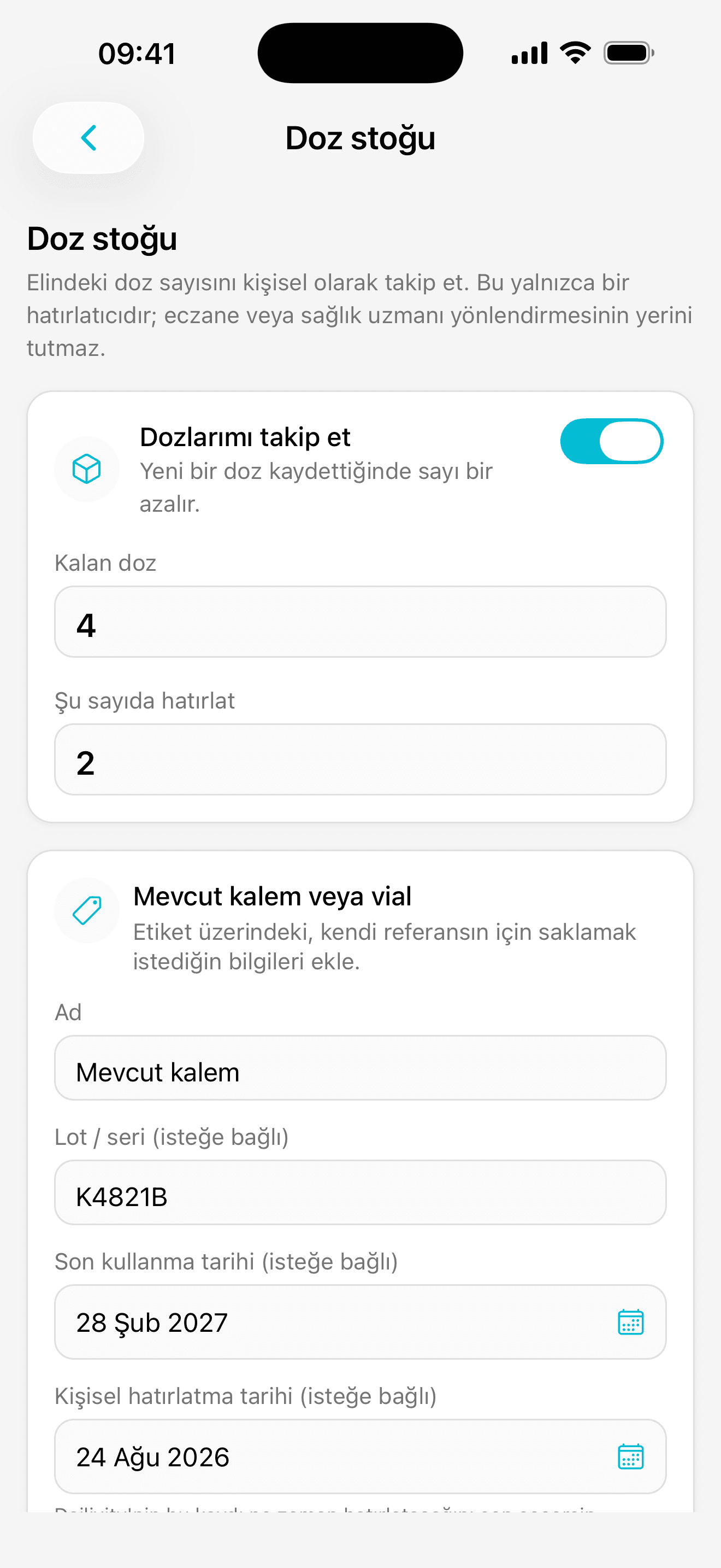 Dailivity uygulama ekranı: doz stoğu takibi