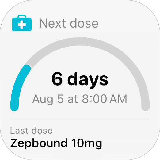 Dailivity app screen: Dailivity widget showing the next dose