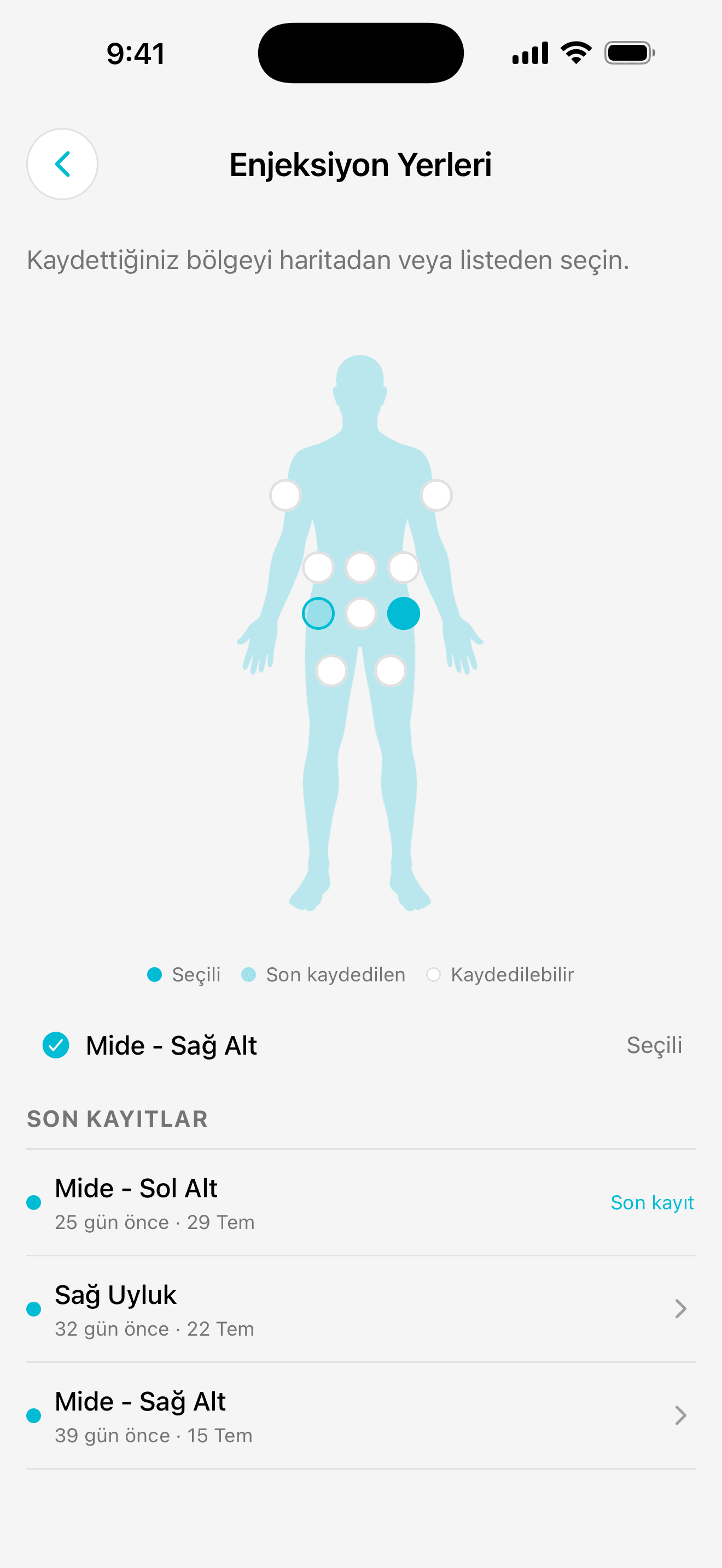 Dailivity uygulama ekranı: enjeksiyon bölgesi kaydı